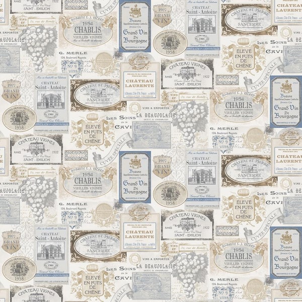Unbranded Blue, Beige and Cream Kitchen Recipes Wine Labels Wallpaper