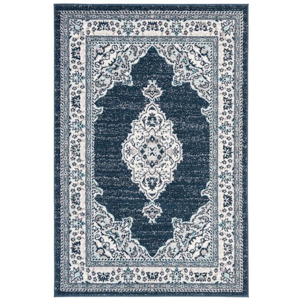 SAFAVIEH Madison Cream/Navy Doormat 3 ft. x 5 ft. Geometric Border Floral Medallion Area Rug