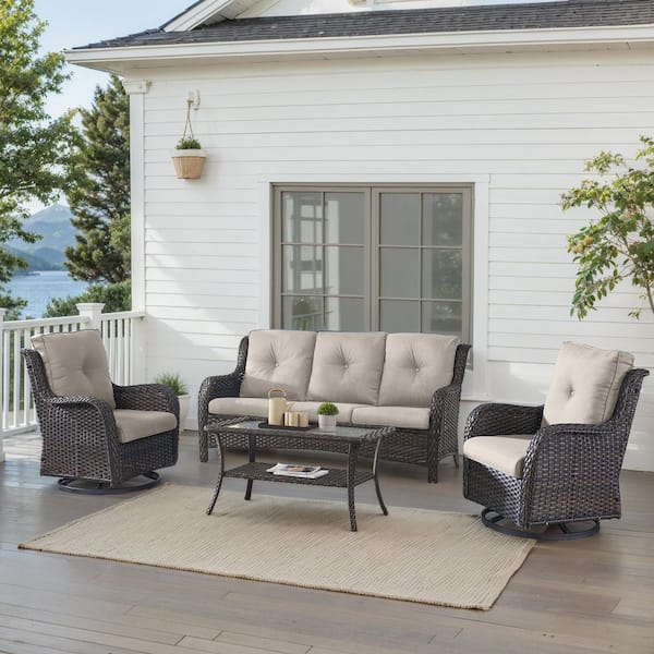 4-Piece Brown Wicker Patio Conversation Set with Olefin Beige Cushions and Swivel Glider Chairs/Sofa