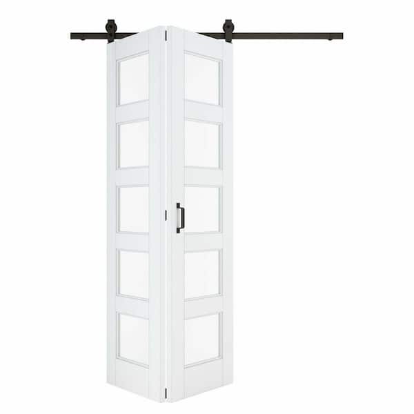 ARK DESIGN 56 in. x 80 in. 5-Lite Tempered Clear Glass White Primed MDF Bifold Sliding Barn Door with Hardware Kit