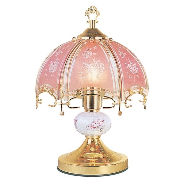 ORE International 14 in. Floral Brushed Gold and Pink Touch Lamp