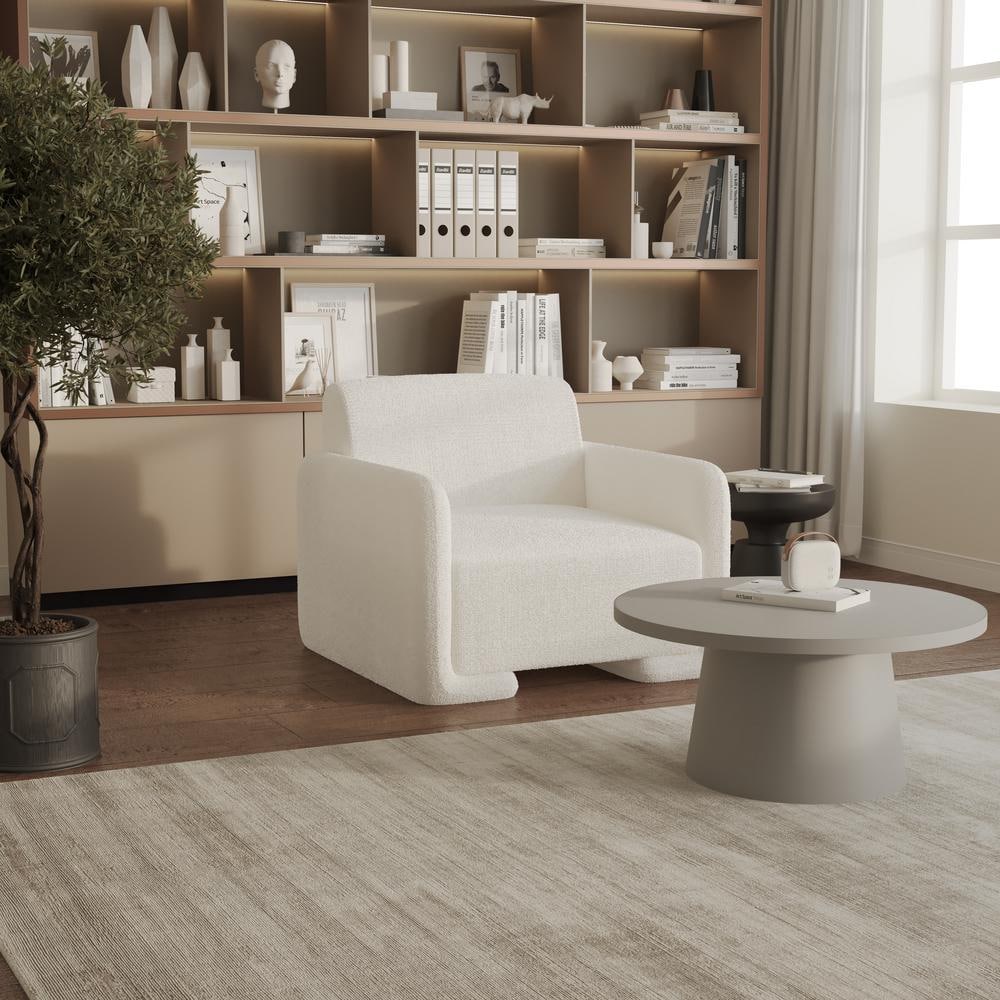 White Boucle Barrel Accent Chair with Pine Wood Base