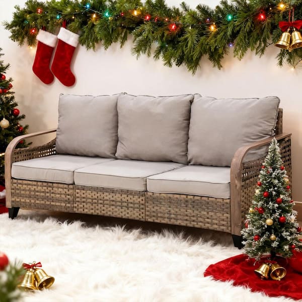 3 Seat Wicker Outdoor Patio Sofa Couch with Gray Cushions