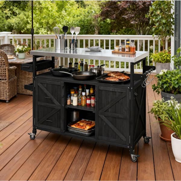 Black Wood Outdoor Bar Cart with Storage Cabinet and Locking Wheels, Outdoor Kitchen Island with Adjustable Shelf