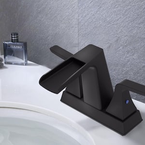ABA desk mount 4 in. Centerset 2-Handle Waterfall Lavatory Bathroom Faucet with Pop up Sink Drain in Matte Black