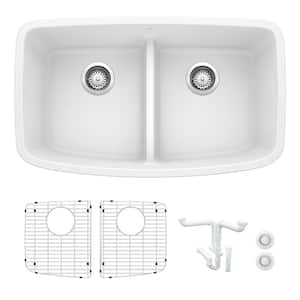 Valea 32 in. Undermount Double Bowl White Granite Composite Kitchen Sink Kit with Accessories