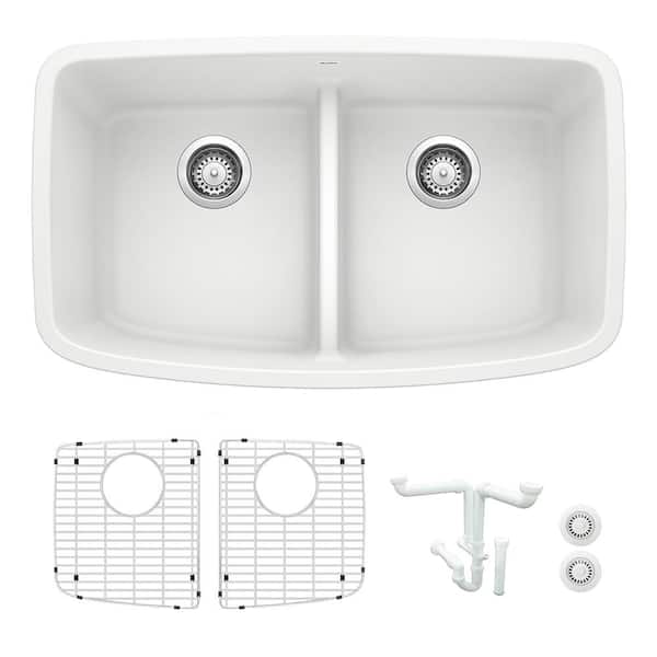 Blanco Valea 32 in. Undermount Double Bowl White Granite Composite Kitchen Sink Kit with Accessories