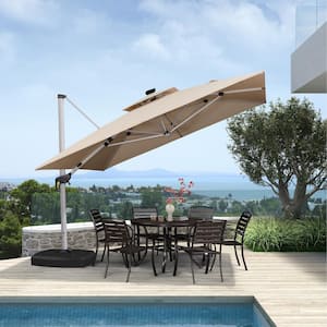 11 ft. Square Aluminum Solar Powered LED Patio Cantilever Offset Umbrella with Wheels Base, Beige