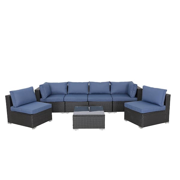 SUNRINX 7-Piece Modular Outdoor Sectional Wicker Patio Furniture Conversation Sofa Set (Black Frame & Blue Cushion)