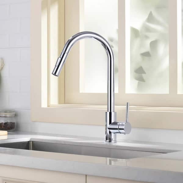 15.67 in. Single Handle Stainless Steel 360 ° Spout Swive Pull Down Sprayer Kitchen Faucet in Chrome