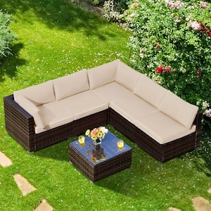 Charlottetown Brown Wicker Outdoor Sectional Set with Brown Cushions