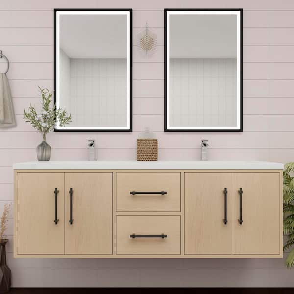 BV Better Vanity Victoria 59 in. W x 20 in. D x 22 in. H Double Sink Floating Bath Vanity in Yellow Oak with White Acrylic Top