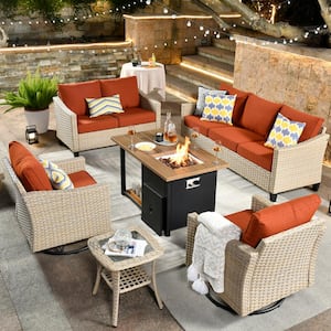Oconee 6-Piece Wicker Outdoor Patio Fire Pit Conversation Sofa Loveseat Set with Swivel Chairs and Orange Red Cushions