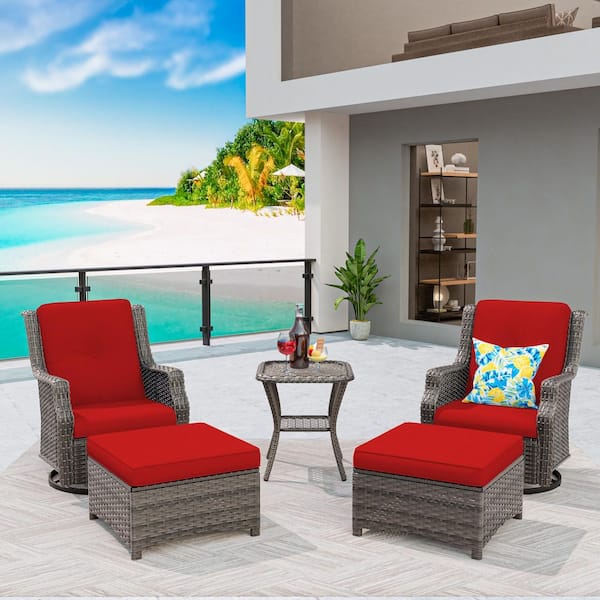 MeetLeisure 5-Piece Wicker Patio Conversation Set with Red Cushions and Swivel Rocking Chairs