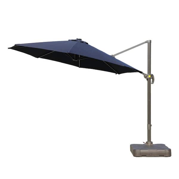 Kadehome 11 ft. Aluminum Pole Outdoor Cantilever Solar LED Lights Patio Umbrella with Crank and Base in Navy Blue