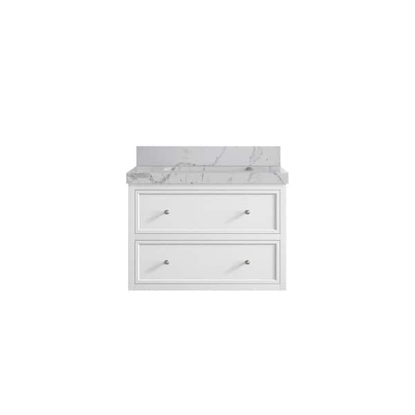 Willow Collections Roswell Floating 30 in. W x 22 in. D x 36 in. H Single Sink Bath Vanity in White with 2 in. Venatino qt. Top