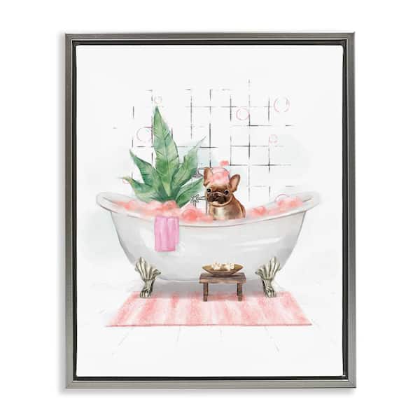 Stupell Industries Glam Pug in Tub by Ziwei Li Gray Floater Frame Animal Graphic Art Print 31 in. x 25 in.