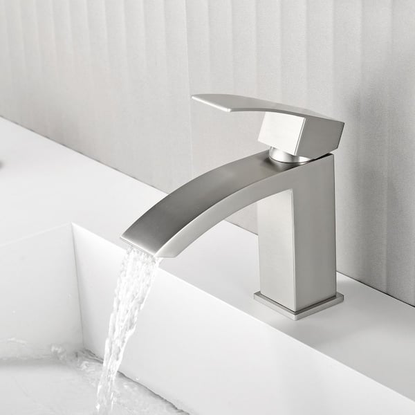 Single Handle Single Hole Bathroom Faucet with Deck Plate, Lever Handle Waterfall Faucet with Drain in Brushed Nickel