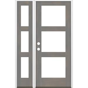 50 in. x 80 in. Modern Hemlock Right-Hand/Inswing 3-Lite Clear Glass Grey Stain Wood Prehung Front Door w/Left Sidelite