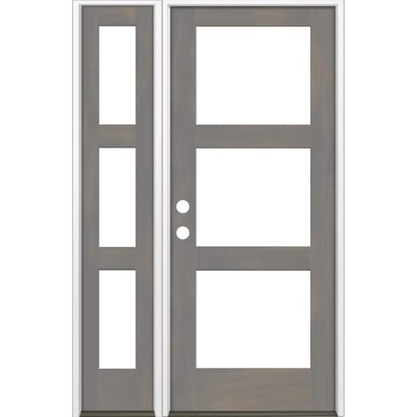 Krosswood Doors 50 in. x 80 in. Modern Hemlock Right-Hand/Inswing 3-Lite Clear Glass Grey Stain Wood Prehung Front Door w/Left Sidelite