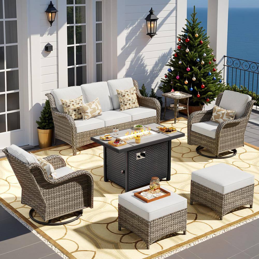 Yosemite Gray 7-Piece Wicker Patio Rectangle Fire Pit Conversation Set with Gray Cushions and Swivel Chairs price history on PriceWatchPro