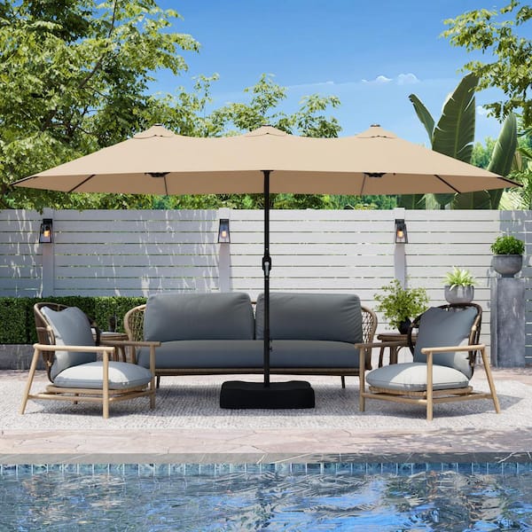 Esunny 15 ft. x 8.7 ft. Market Double-Sided Patio Umbrella Steel Frame Garden Extra-Large Waterproof Twin Umbrellas in Beige