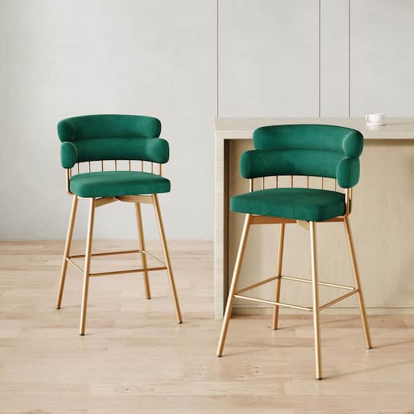 Pueblo 26 in. Green Swivel Velvet Upholstered Bar Stools, Golden Metal Legs, Set of 2