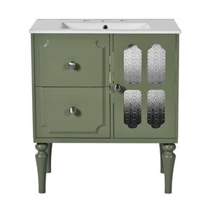 30 in. W x 18.3 in. D x 34.13 in. H Single Sink Freestanding Bath Vanity in Green with White Resin Top and Storage