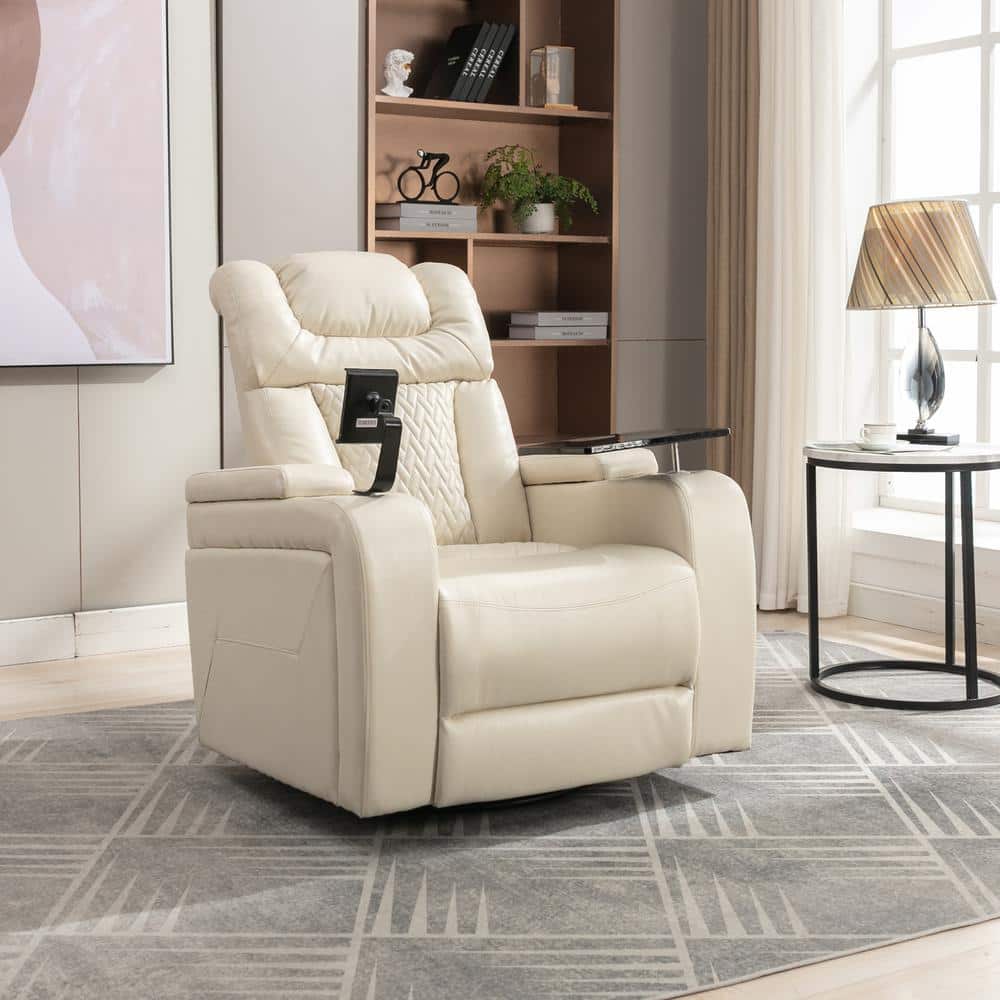 Beige 270 ° Swivel PU Leather Power Recliner with Comforable Backrest, for