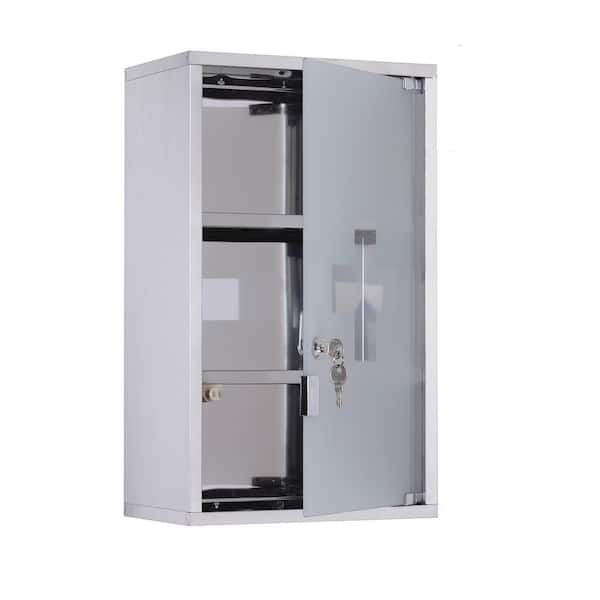 11.75 in. W x 7 in. D x 19.75 in. H Bathroom Storage Wall Cabinet with 3-Tier Shelves, Glass Door, Lockable in Silver