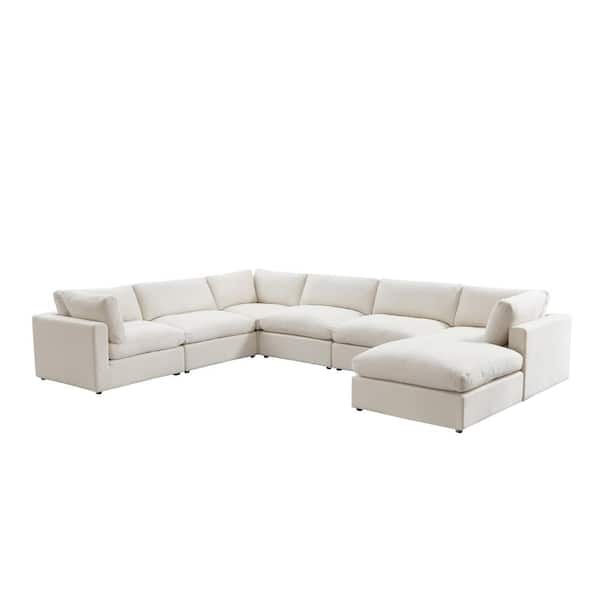 Shabby Chic Yaritza 108 in. Cream White Upholstered Linen 7-Seat Sofa