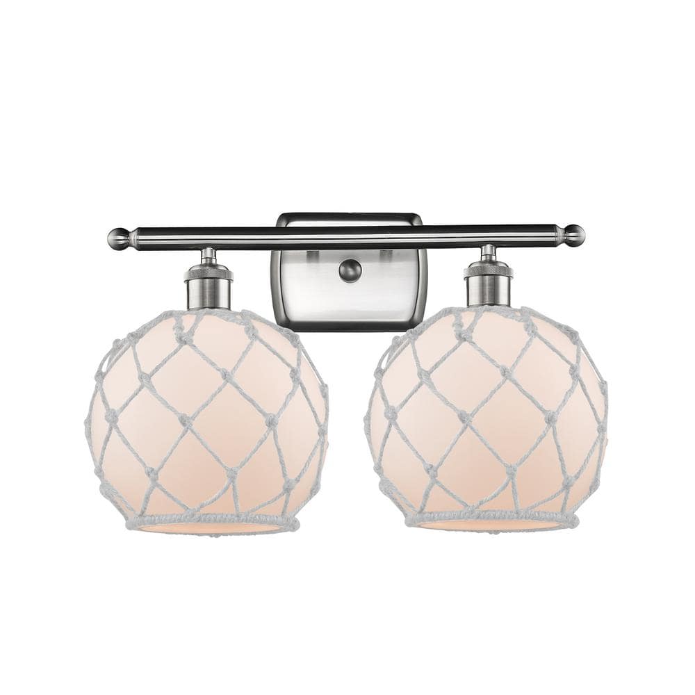 Innovations Farmhouse Rope 16 in. 2-Light Brushed Satin Nickel Vanity-Light with White Glass with White Rope Glass and Rope Shade