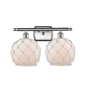 Farmhouse Rope 16 in. 2-Light Brushed Satin Nickel Vanity-Light with White Glass with White Rope Glass and Rope Shade