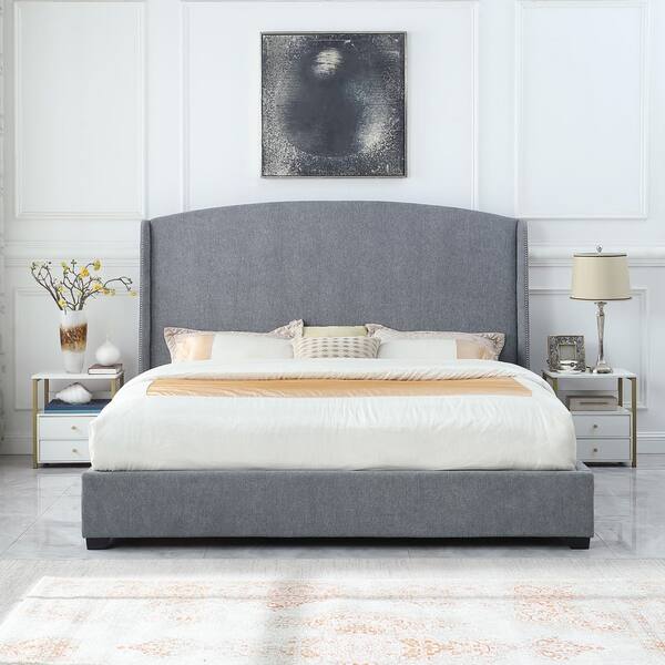 Carolina Chair and Table Monterey Gray Wooden Frame Upholstered King Platform Bed with Nail Head Trim