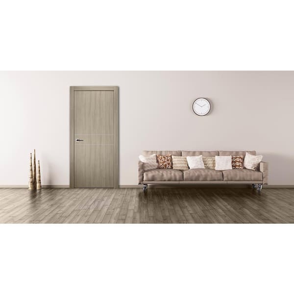 30 in. x 80 in. Viola 2HN Shambor Finished Aluminum Strips Left-Hand Solid Core Composite Single Prehung Interior Door