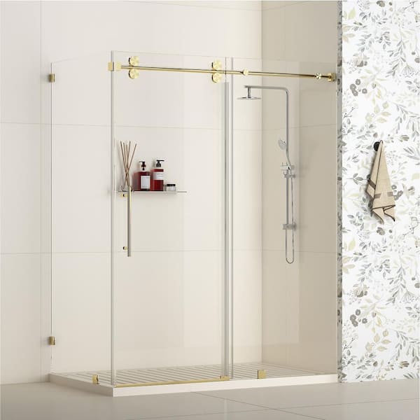Vesta 56-60 in.W x 36 in.D x 76 in.H Frameless Corner Sliding Shower Enclosure in Brushed Gold with 3/8 in.Clear Glass