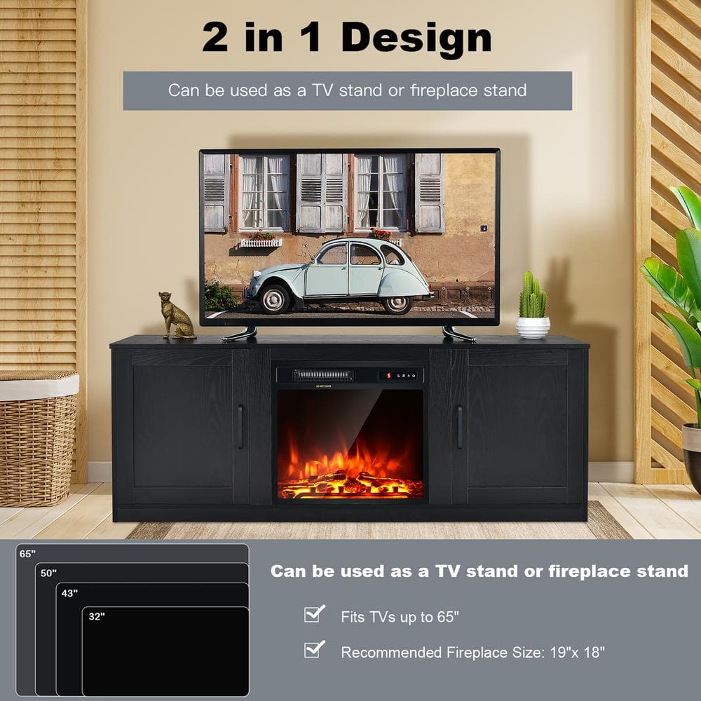 Black Engineered Wood TV Stand with Cabinets and Fireplace Option