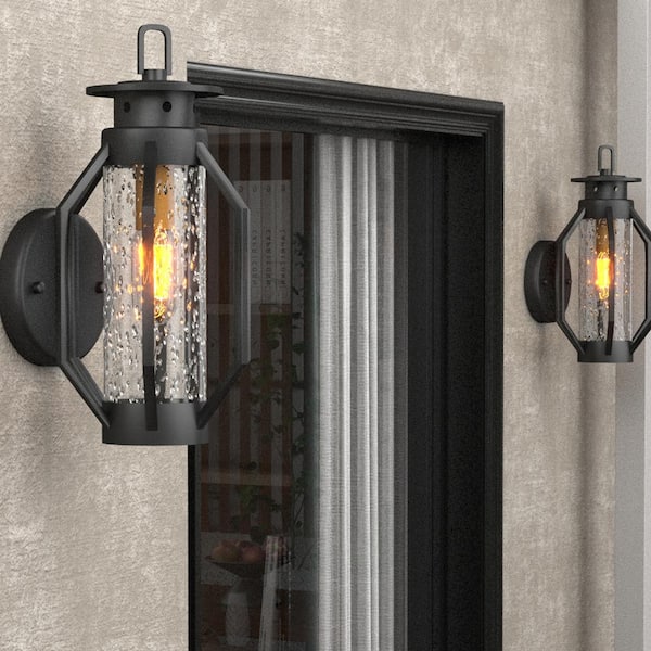 Maxax Hawaii 12 in. H Black Seeded Glass Hardwired Outdoor Wall Lantern Sconce with Dusk to Dawn (Set of 2)