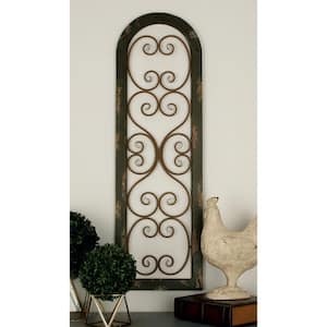 15 in. x  48 in. Wood Brown Arched Window Inspired Scroll Wall Decor with Metal Scrollwork Relief