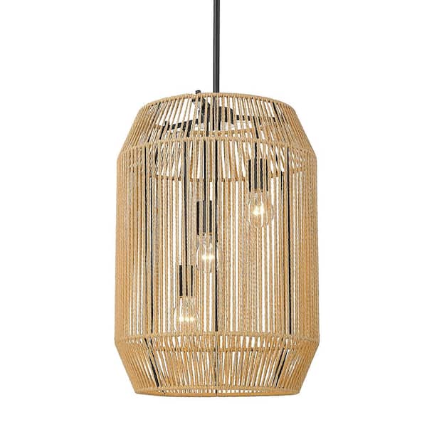 Golden Lighting Marlee 3-Light Matte Black and Natural Raphia Rope Linear Pendant Light
