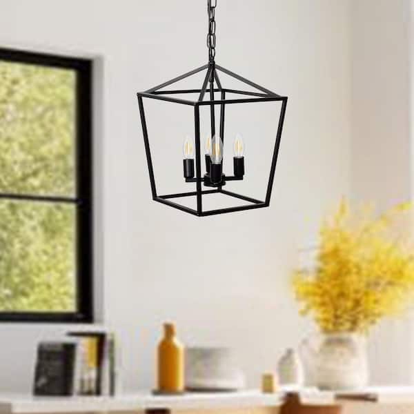47.2 in. 4-Light Black Metal Geometric Cage Lantern Chandelier w/ Candle Design and Adjustable Chain for Kitchen Island