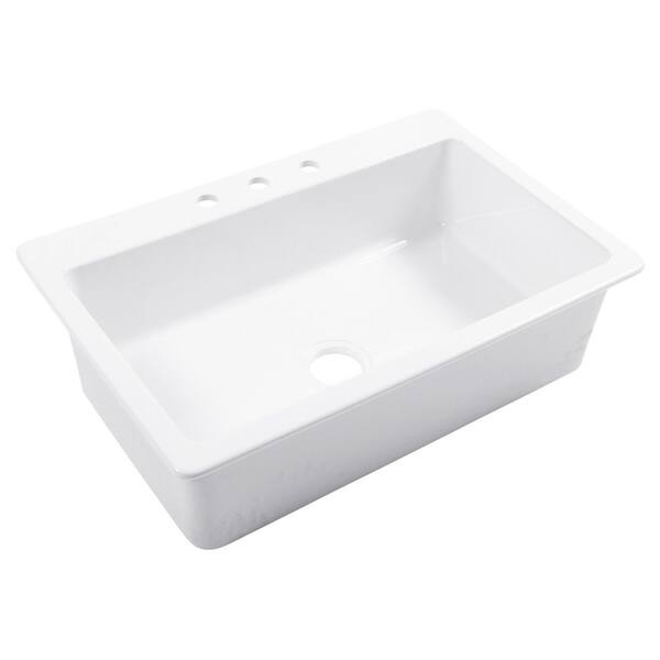 Jackson 33 in. 3-Hole Drop-In Single Bowl Crisp White Fireclay Kitchen Sink and Drain