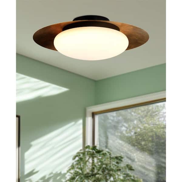 Zinola 18 in. 1-Light Sand Black and Halcyon Gold LED Flush Mount with Etched Opal Glass Shade and No Bulbs Included