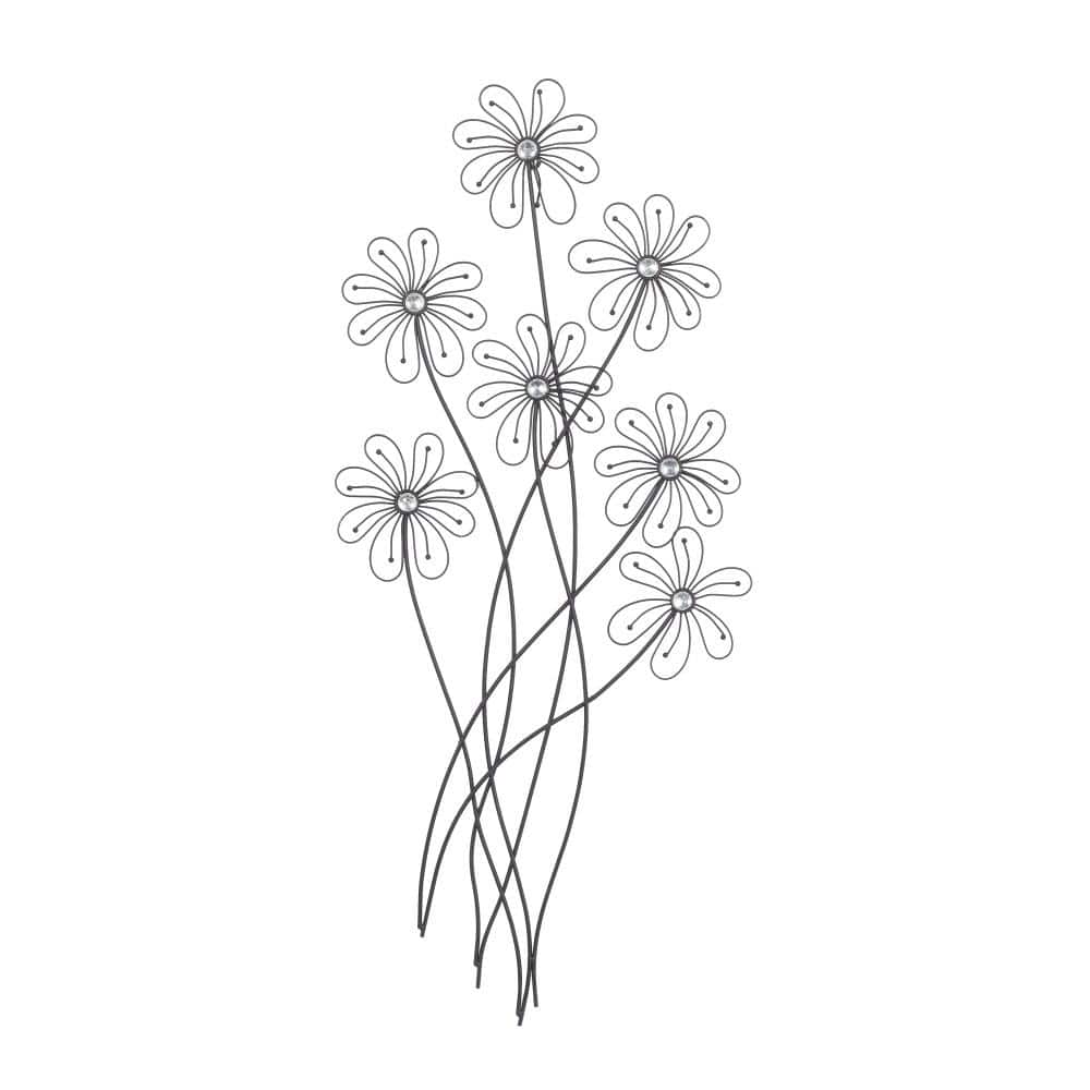 Black Metal 3D Wire Floral Wall Sculpture with Crystal Embellishments