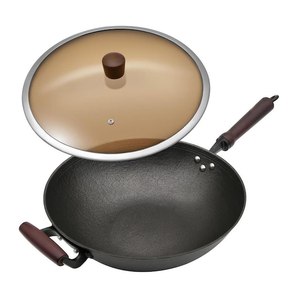 13.4 in. Cast Iron Wok Flat Bottom Nonstick Coating-Free with Glass Lid Multi-Stove Compatible Stir Fry Pan