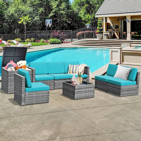 8-Piece Wicker Outdoor Sectional Set with Turquoise Cushions