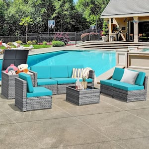 8-Piece Wicker Patio Conversation Set Rattan Furniture Storage Table with Turquoise Cushions