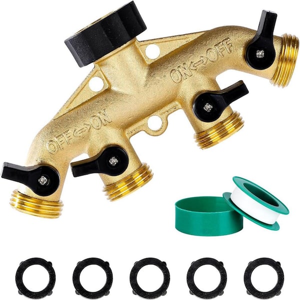 Garden Hose Splitter 4 Way, 3/4" Heavy-Duty Brass Garden Hose Splitter, Includes 5 Rubber Washers & Teflon Tape(1 pack)