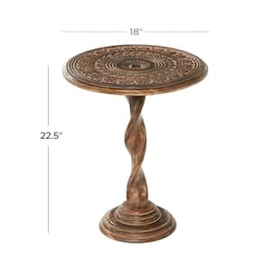 18 in. Brown Handmade Intricately Carved Floral Large Round Wood End Table with Spiral Leg and Elevated Base