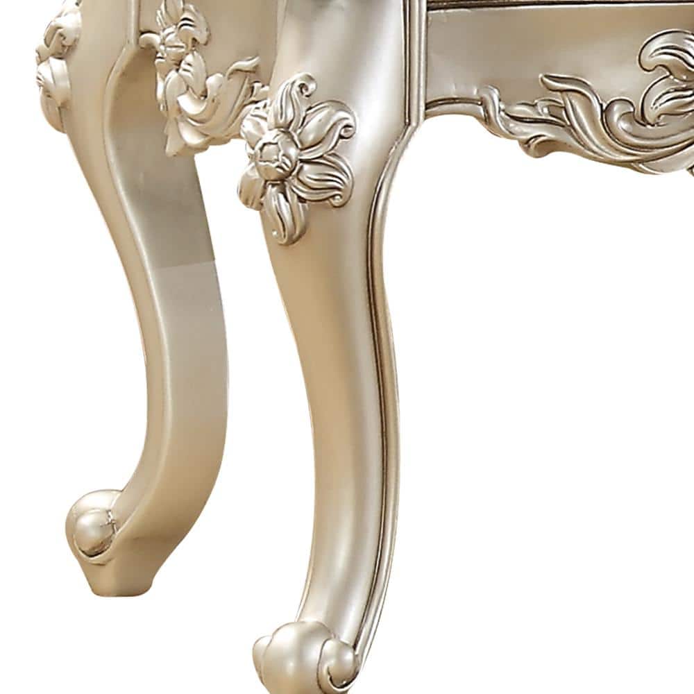Silver Marble Top End Table with Floral Motif and Wood Legs